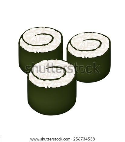 Japanese Cuisine, Illustration of Fresh Rice Sushi Rolls or Rice Makimono Rolls Isolated on White Background. 