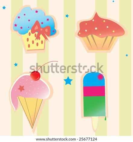 set of cupcakes and ice-creams