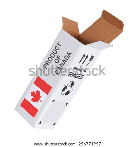 Concept of export, opened paper box - Product of Canada