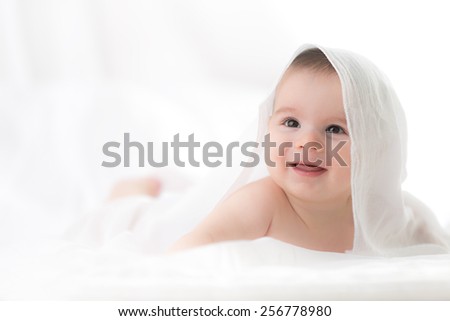 Cute baby boy on white background.  Royalty-Free Stock Photo #256778980