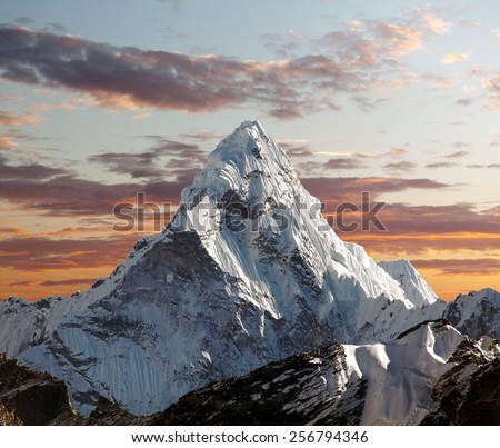 Evening view of Ama Dablam on the way to Everest Base Camp - Nepal Royalty-Free Stock Photo #256794346
