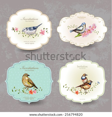 collection retro label of cute bird. watercolor painting Royalty-Free Stock Photo #256794820