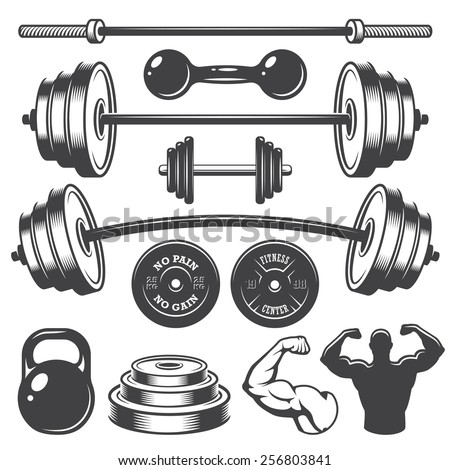 Set of vintage fitness designed elements. Monochrome style Royalty-Free Stock Photo #256803841