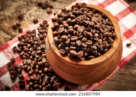 Coffee beans on grunge wooden background