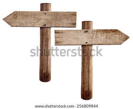 Old wooden road signs right and left arrows isolated