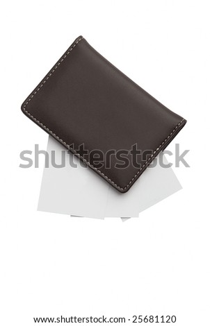 Business cards in closed leather holder isolated on white background