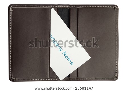 Single business card in seamed leather holder isolated on white background