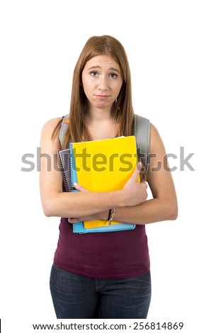 young beautiful college student girl carrying backpack posing bored and stress in university education and academic success concept isolated on white background