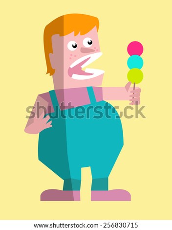 Overweight Boy with colourful dessert. Childhood Obesity concept. flat design character. vector illustration
