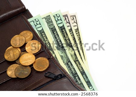 Dollars and coins in a wallet
