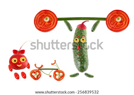 Little funny cucumber raises the bar next to it stands a radish with a bicycle