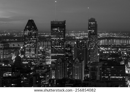 The Three Highest buildings of Montreal (At Night) in black and white,view from the mountain of Mont-Royal.
