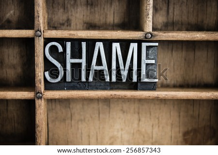 The word "SHAME" written in vintage metal letterpress type in a wooden drawer with dividers. Royalty-Free Stock Photo #256857343