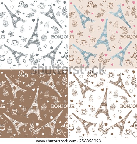 Paris hand drawn seamless patterns vector set with Eiffel tower