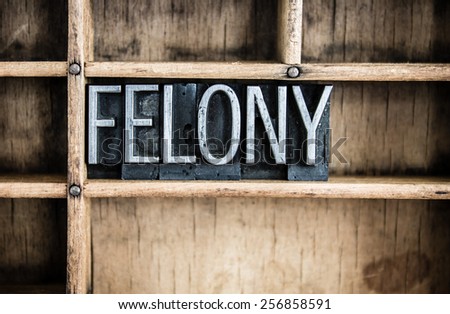 The word "FELONY" written in vintage metal letterpress type in a wooden drawer with dividers. Royalty-Free Stock Photo #256858591