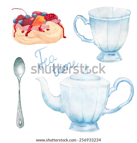 Watercolor summer tea time set. Hand painted vintage porcelain cup, teapot, spoon, meringue cake with berries. Vector objects