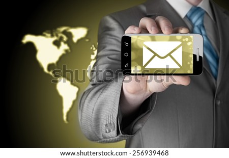 A man holding smartphone with one new message on a screen. Closeup shot.