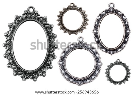 Vintage metal medallion frames, isolated on white