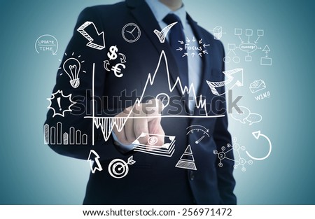 Hand draw business sketches doodle infographic elements,chart graph,concept businessman hand touch analytics earnings