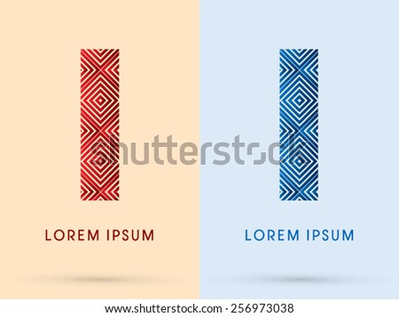 I ,Luxury font, designed using red and blue line square geometric shape, hot and cool tone, logo, symbol, icon, graphic, vector.