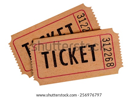 Old ticket : pair of vintage brown movie tickets isolated. Royalty-Free Stock Photo #256976797