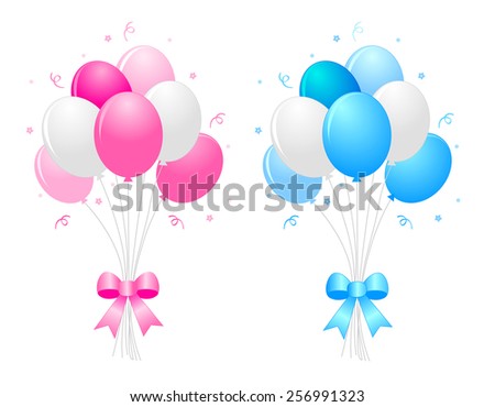 Illustration of a bunch of multicolored pink blue and white) balloons with curly ribbons clipart isolated on white background