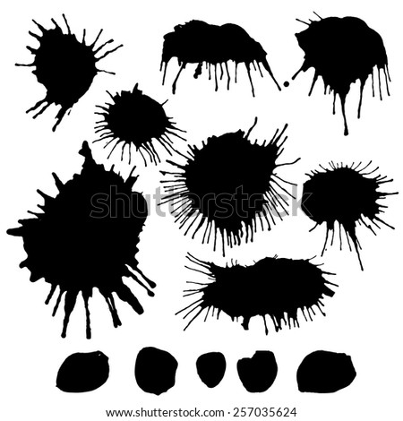 Set of watercolor stains on white background, abstract blots isolated. Vector black spots. Blots mascara painted pen on paper