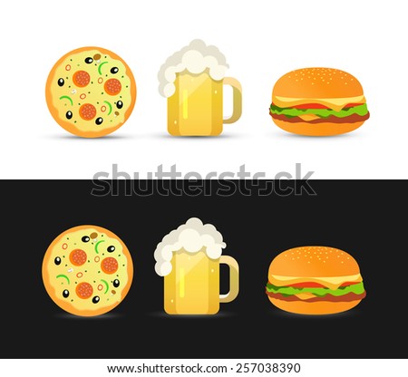 Tasty Pizza, Beer and Hamburger on white and black background. Vector Illustration, EPS10