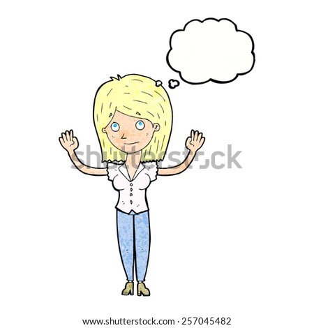 cartoon woman holding up hands with thought bubble
