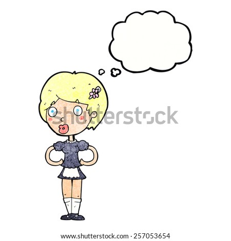 cartoon woman in french maid outfit with thought bubble