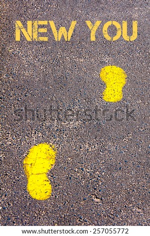 Yellow footsteps on sidewalk towards New You message.Lifestyle Conceptual image
