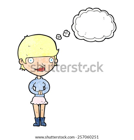 cartoon friendly woman with thought bubble