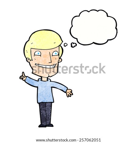 cartoon grinning man with idea with thought bubble