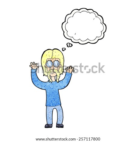 cartoon hippie man waving arms with thought bubble