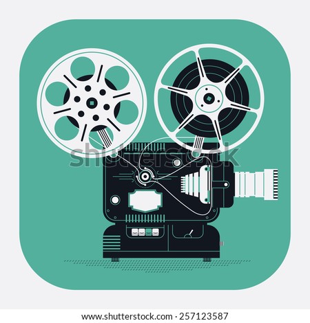 Cool retro movie projector vector detailed rounded corners web icon | Analog device: cinema motion picture film projector with different film reels