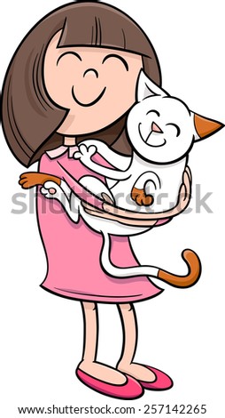 Cartoon Vector Illustration of Girl with Kitten Pet