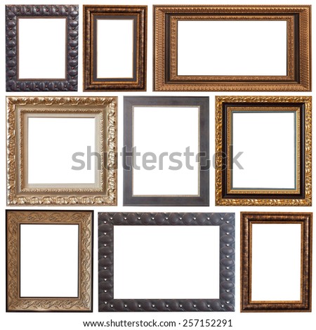 A selection of paintings, frames on a white background