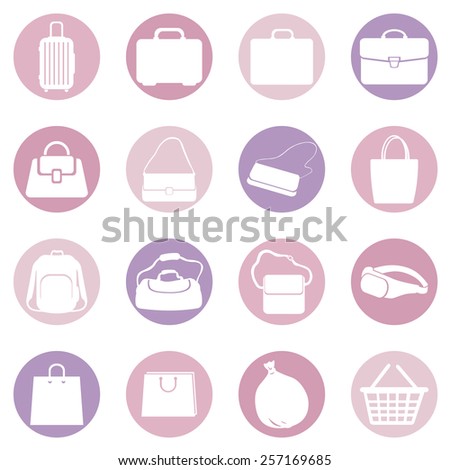 Vector Set of Pink and Purple Bags  Icons. Types of Bags