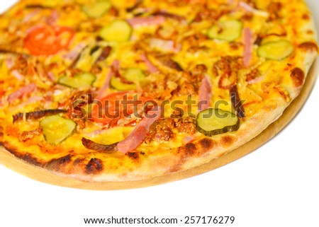 Delicious Italian pizza top view isolated on white background
