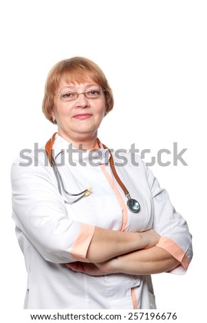 Doctor woman with a stethoscope, Isolated on white background.