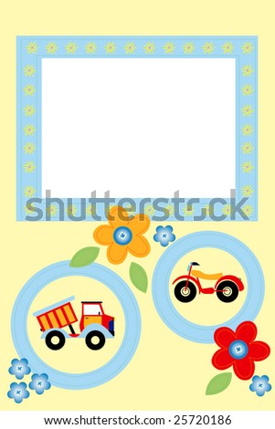 Kids scrapbook with bike, truck and flowers, photo frame for children