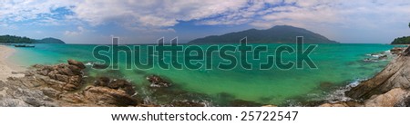 High resolution panoramic image of the tropical sea, with shoreline and island