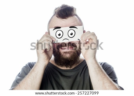 Bearded man closes his eyes with a paper mug
