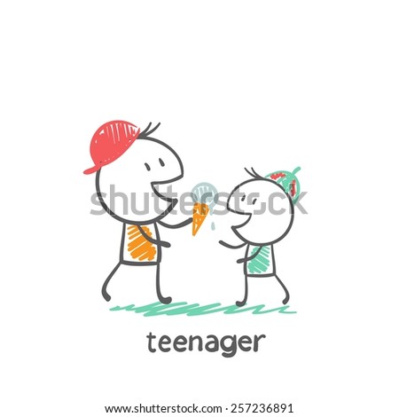 teenager eats ice cream illustration
