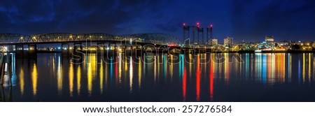 Columbia River Crossing Interstate 5 Bridge from Portland Oregon to Vancouver Washington Skyline View at Night Panorama
