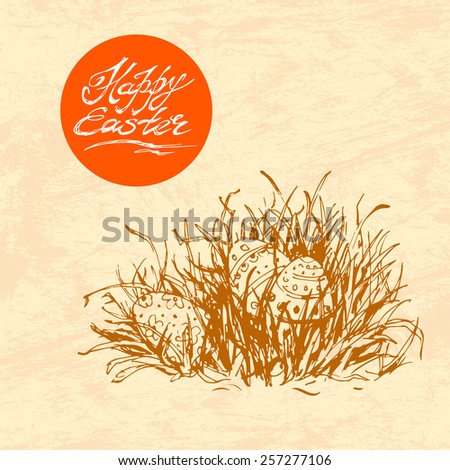 Hand drawn sketch of painted easter eggs laying in grass. Vector vintage line art illustration on texture paper. Happy easter lettering in circle. 