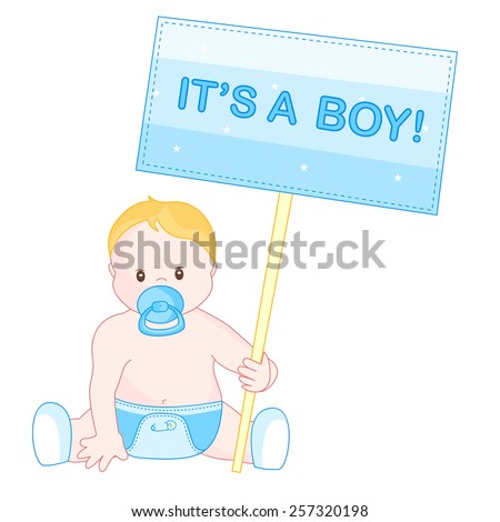 Baby announcement clipart with a cute little baby boy sitting on the floor holding It's a boy sign