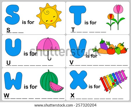 Kids words learning game / worksheets with simple colorful graphics and fill the blanks words. 