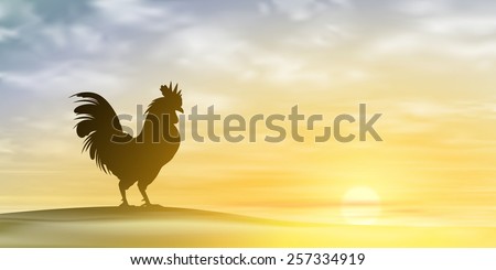 A Misty Morning Landscape with Cockerel, Rooster. Vector EPS 10
