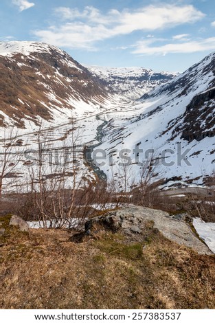 Mountains, snow-covered fjord, Norway in the spring